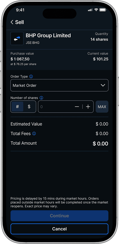 Number of shares screen