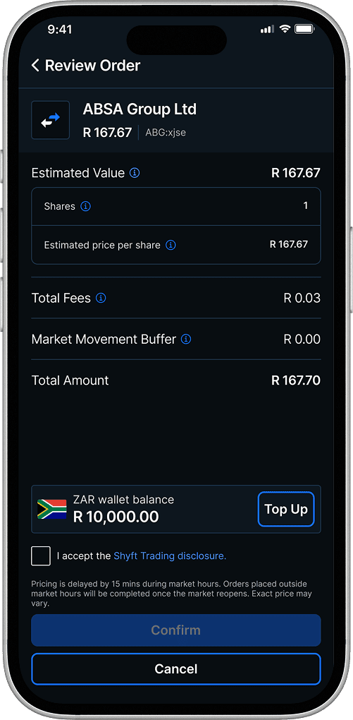 Order confirmation screen