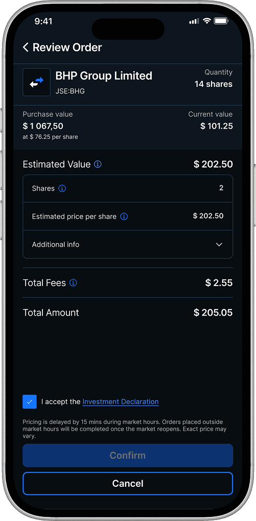 Sell confirmation screen