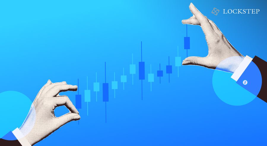 Hands and candlestick chart