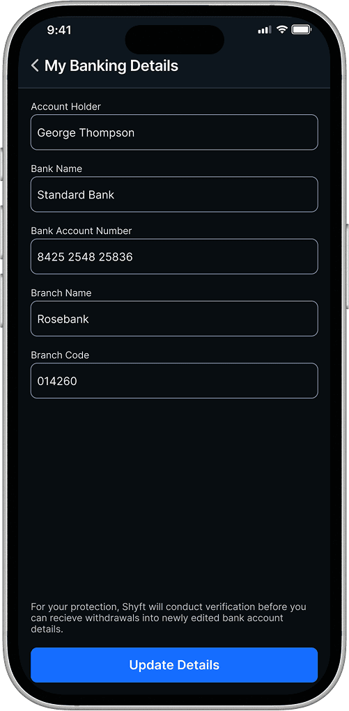 Banking details screen