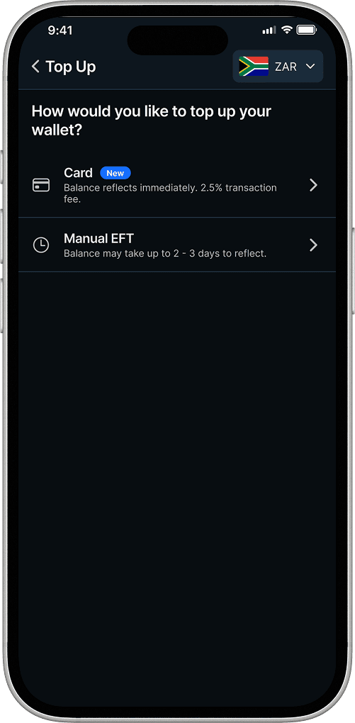 Top up options screen