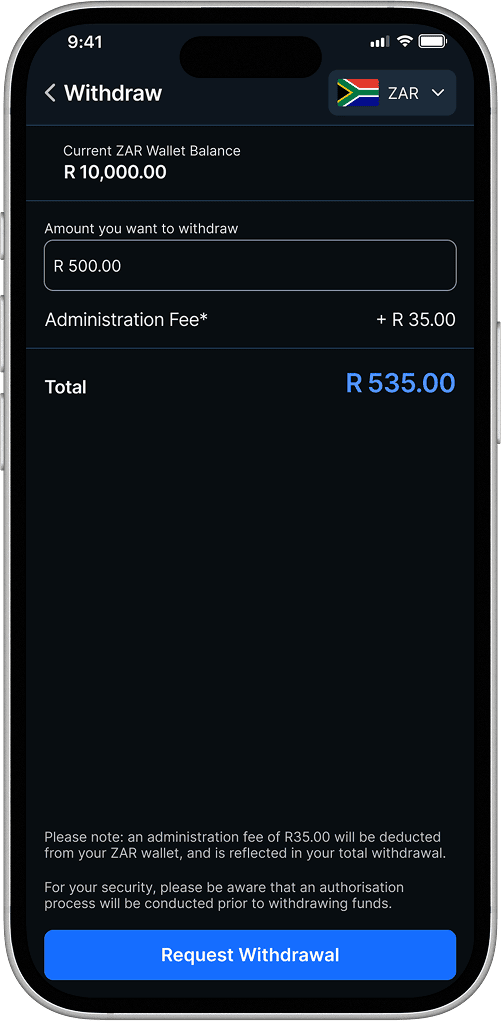 Withdrawal details screen